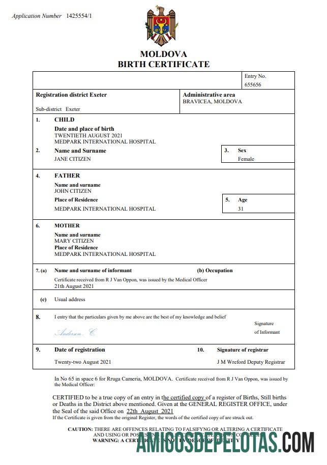 Em branco modelo Word e PDF de certidão de nascimento da Moldávia